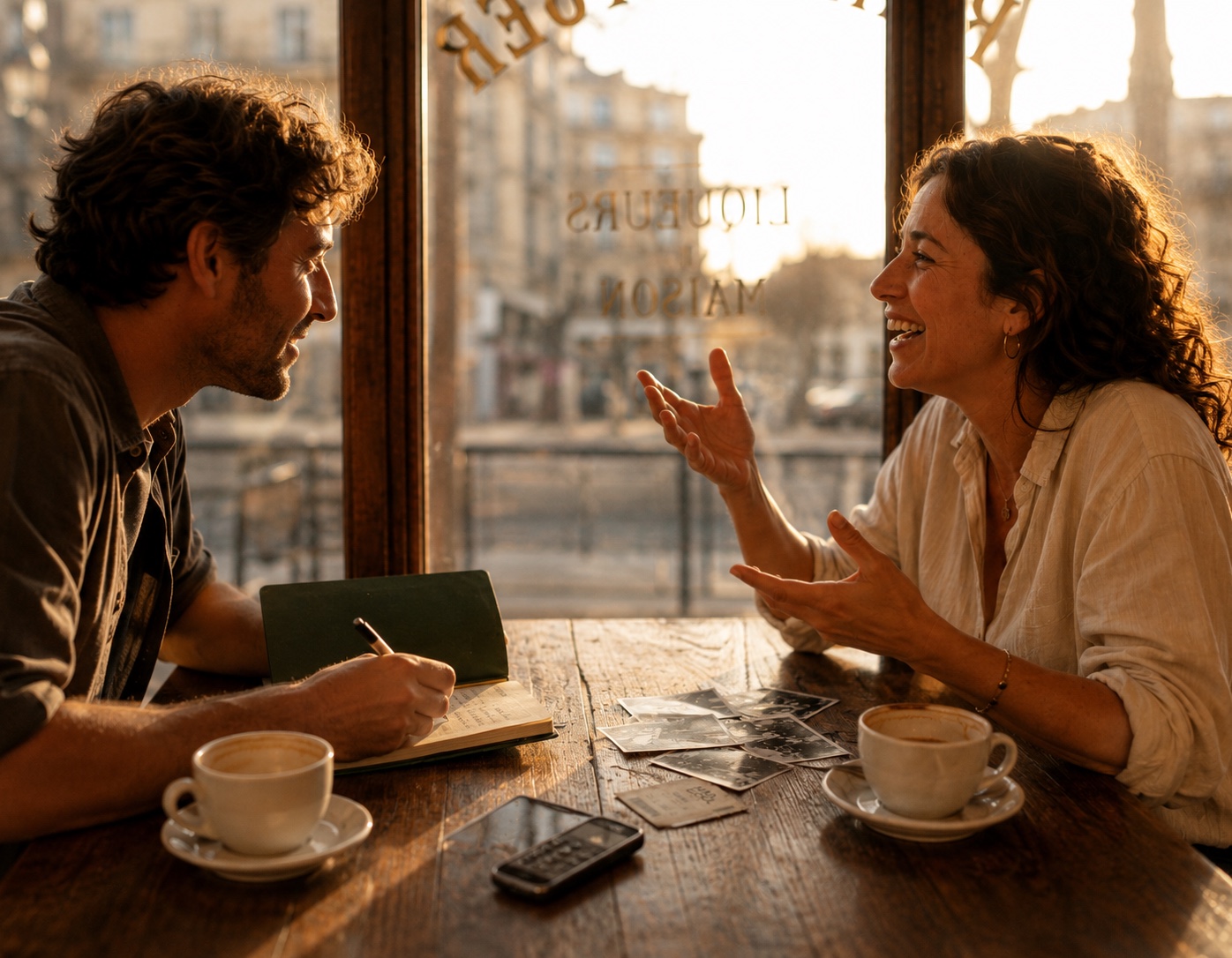 Charla relajada en un sofá, con cafés en la mesa y alguien tomando notas