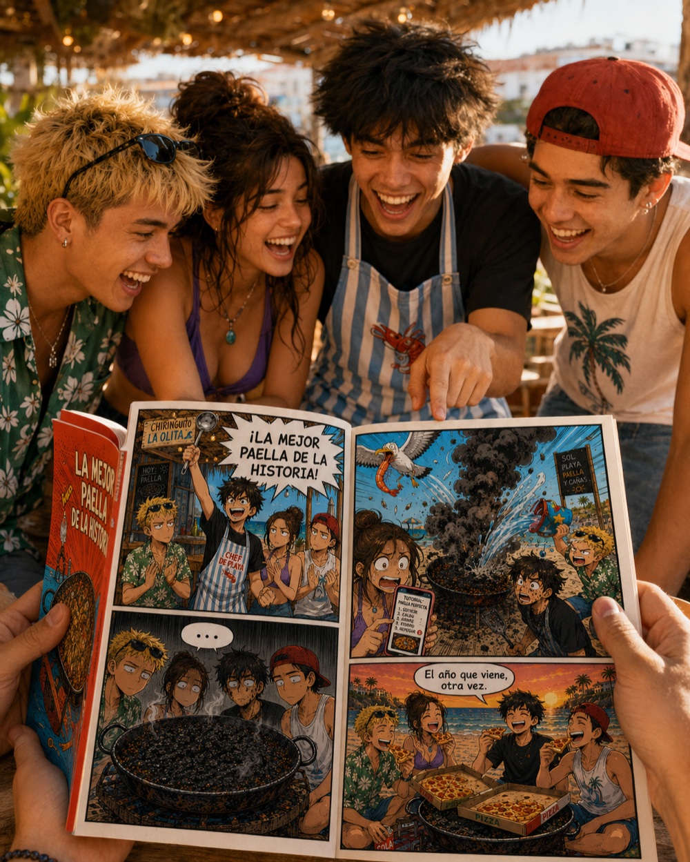 La pandilla riéndose al hojear su cómic impreso de «La mejor paella de la historia»