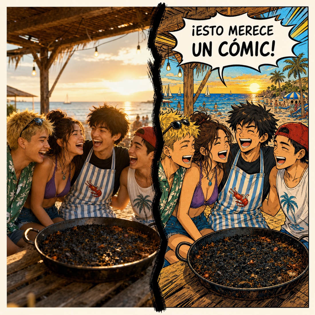 La misma pandilla en foto y convertida en viñeta de cómic, con el bocadillo «¡Esto merece un cómic!»