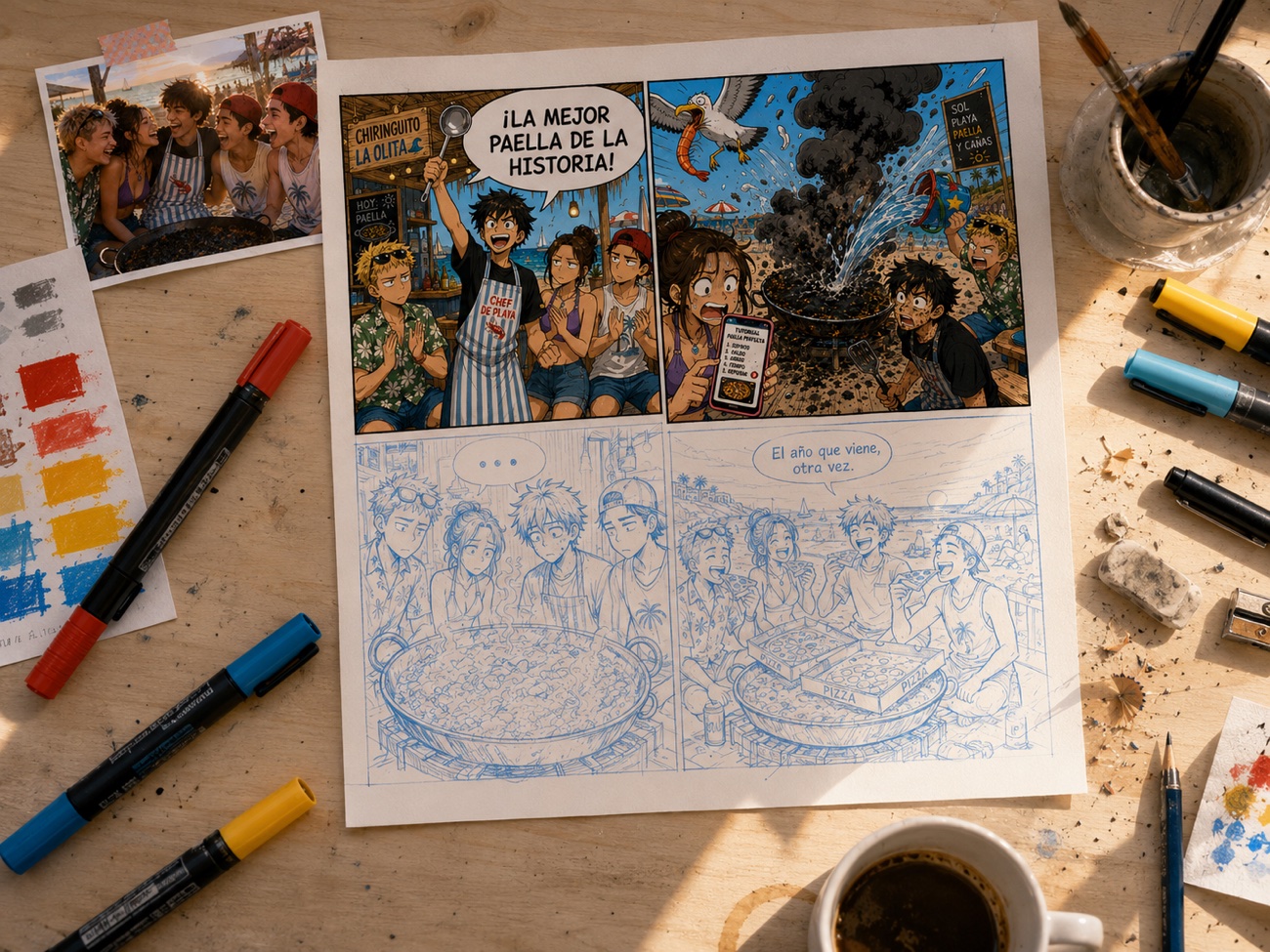 Mesa de dibujante con la página de la paella a medio entintar y la foto de los amigos como referencia