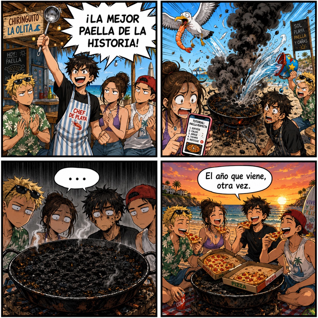 La historia de la paella en estilo Manga a color, en cuatro viñetas: un amigo con delantal alza el cucharón y grita «¡La mejor paella de la historia!» mientras los demás aplauden sin fe; la paellera arde en humo negro, una gaviota escapa con un langostino y alguien lanza agua con un cubo de playa; los cuatro miran la paella carbonizada en silencio; y al atardecer comen pizza sobre la paellera quemada y uno dice «El año que viene, otra vez».
