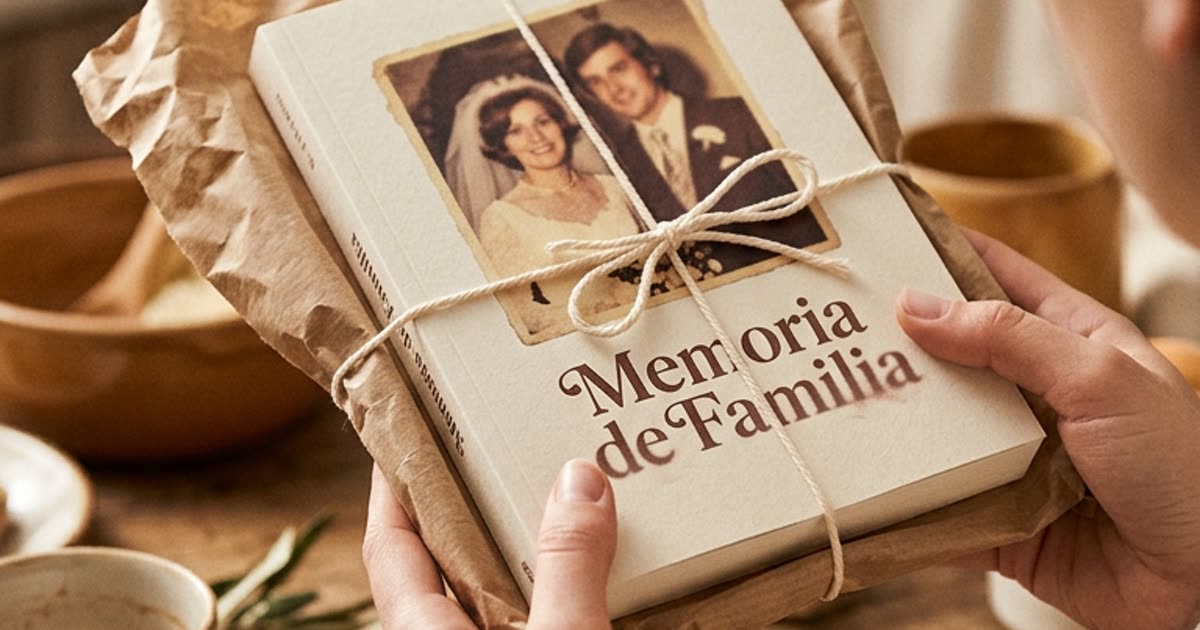 Unas manos sujetan un libro de familia envuelto para regalo: un regalo original de Navidad